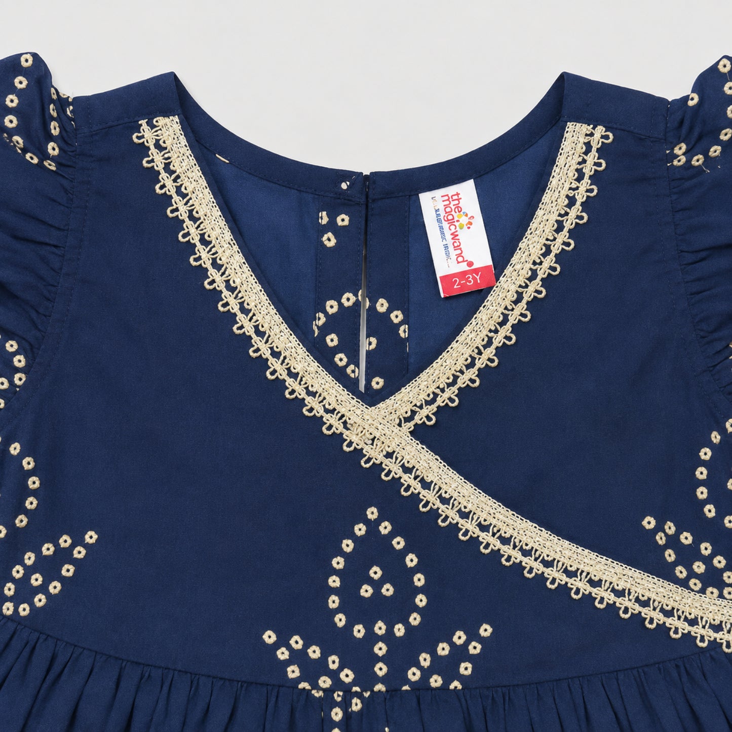 The Magic Wand Cambric Woven Ruffle Sleeves Leheriya Printed Layered Peplum Top And Pant Set - Navy Blue