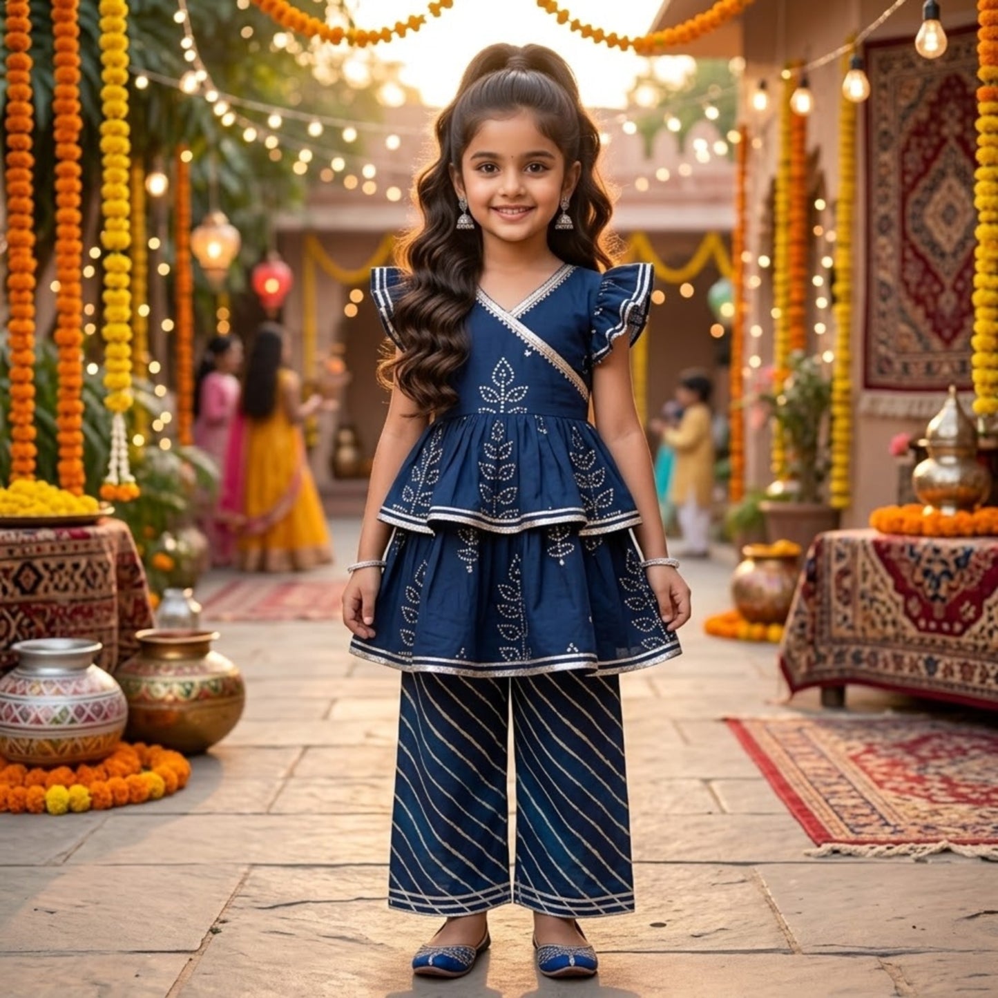 The Magic Wand Cambric Woven Ruffle Sleeves Leheriya Printed Layered Peplum Top And Pant Set - Navy Blue