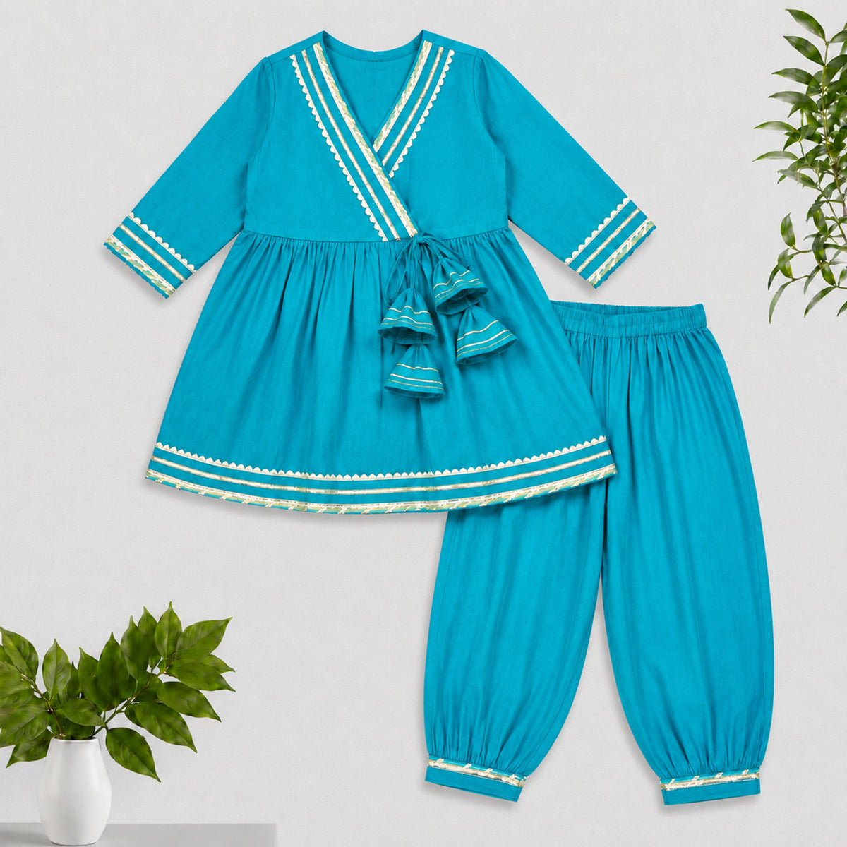 The Magic Wand Woven Three Fourth Sleeves Gota Lace Embellished Tassel Detailed Kurti & Afghani Pant Set - Blue