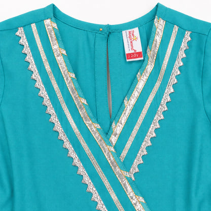 The Magic Wand Woven Three Fourth Sleeves Gota Lace Embellished Tassel Detailed Kurti & Afghani Pant Set - Blue