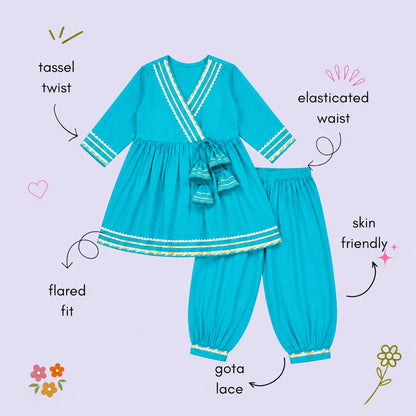 The Magic Wand Woven Three Fourth Sleeves Gota Lace Embellished Tassel Detailed Kurti & Afghani Pant Set - Blue