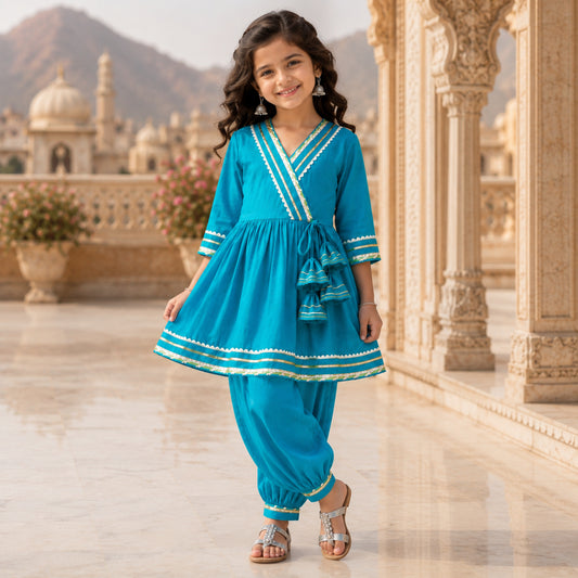 The Magic Wand Woven Three Fourth Sleeves Gota Lace Embellished Tassel Detailed Kurti & Afghani Pant Set - Blue