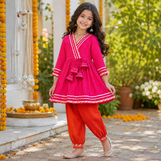 The Magic Wand Woven Three Fourth Sleeves Gota Lace Embellished Tassel Detailed Kurti & Afghani Pant Set - Fuchsia