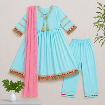 The Magic Wand Woven Three Fourth Sleeves Lace Embellished Anarkali Kurti And Pant Set With Dupatta - Blue