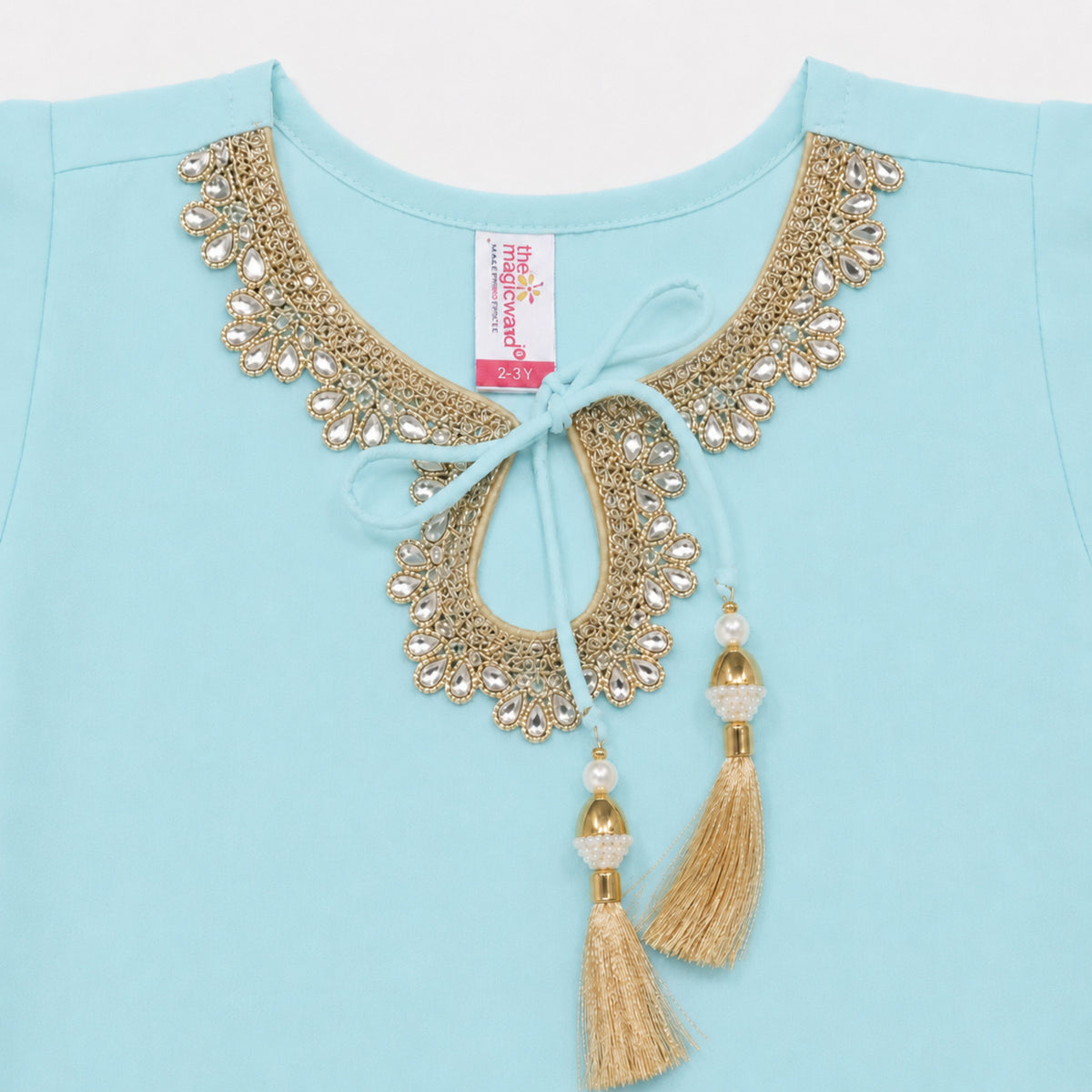 The Magic Wand Woven Three Fourth Sleeves Lace Embellished Anarkali Kurti And Pant Set With Dupatta - Blue