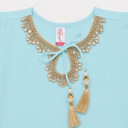 The Magic Wand Woven Three Fourth Sleeves Lace Embellished Anarkali Kurti And Pant Set With Dupatta - Blue