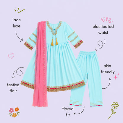 The Magic Wand Woven Three Fourth Sleeves Lace Embellished Anarkali Kurti And Pant Set With Dupatta - Blue