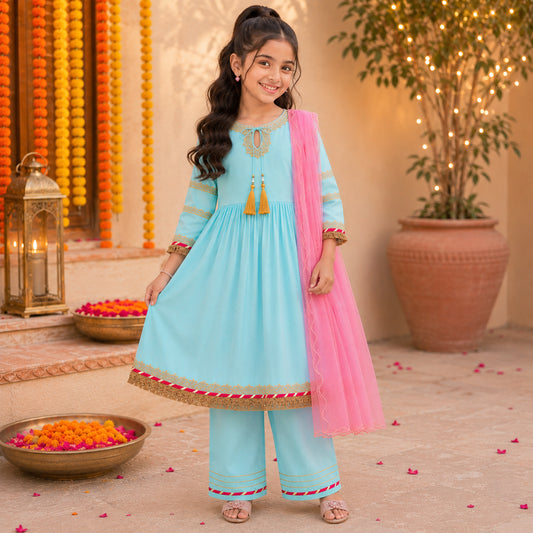 The Magic Wand Woven Three Fourth Sleeves Lace Embellished Anarkali Kurti And Pant Set With Dupatta - Blue