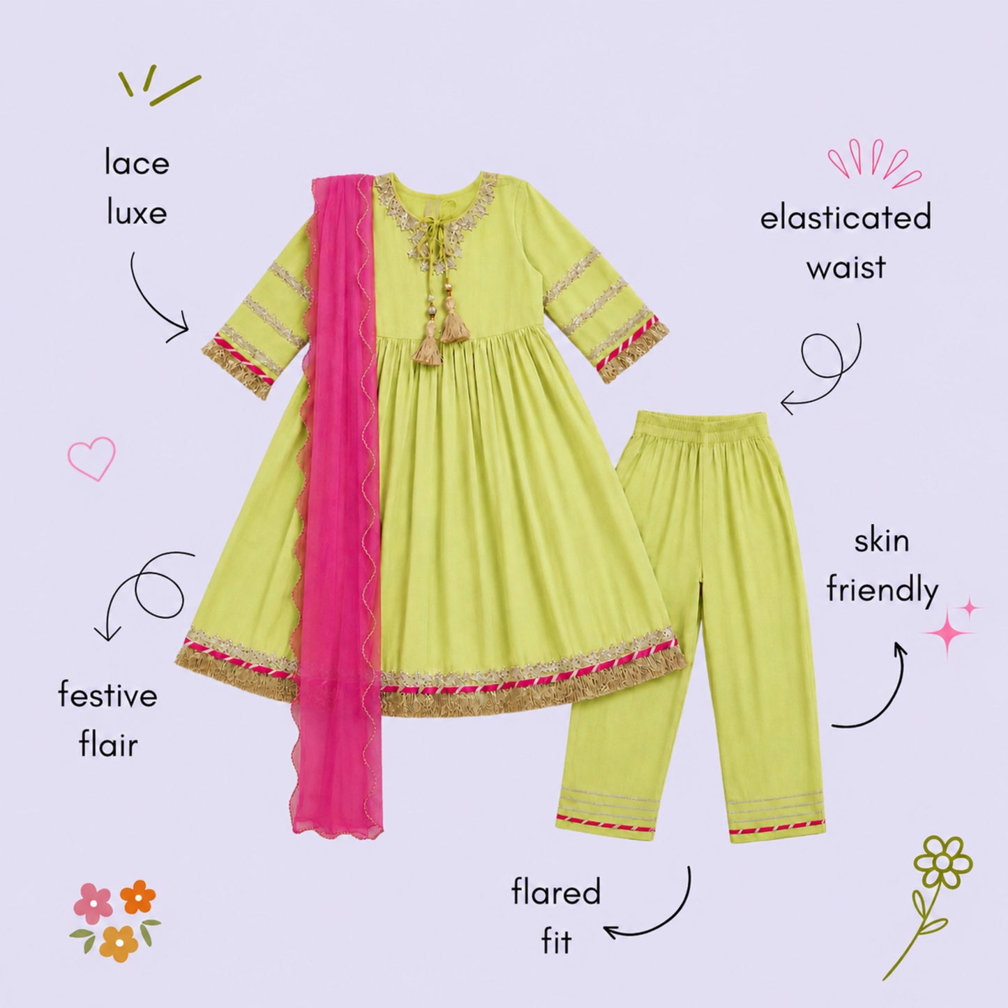 The Magic Wand Woven Three Fourth Sleeves Lace Embellished Anarkali Kurti And Pant Set With Dupatta - Green