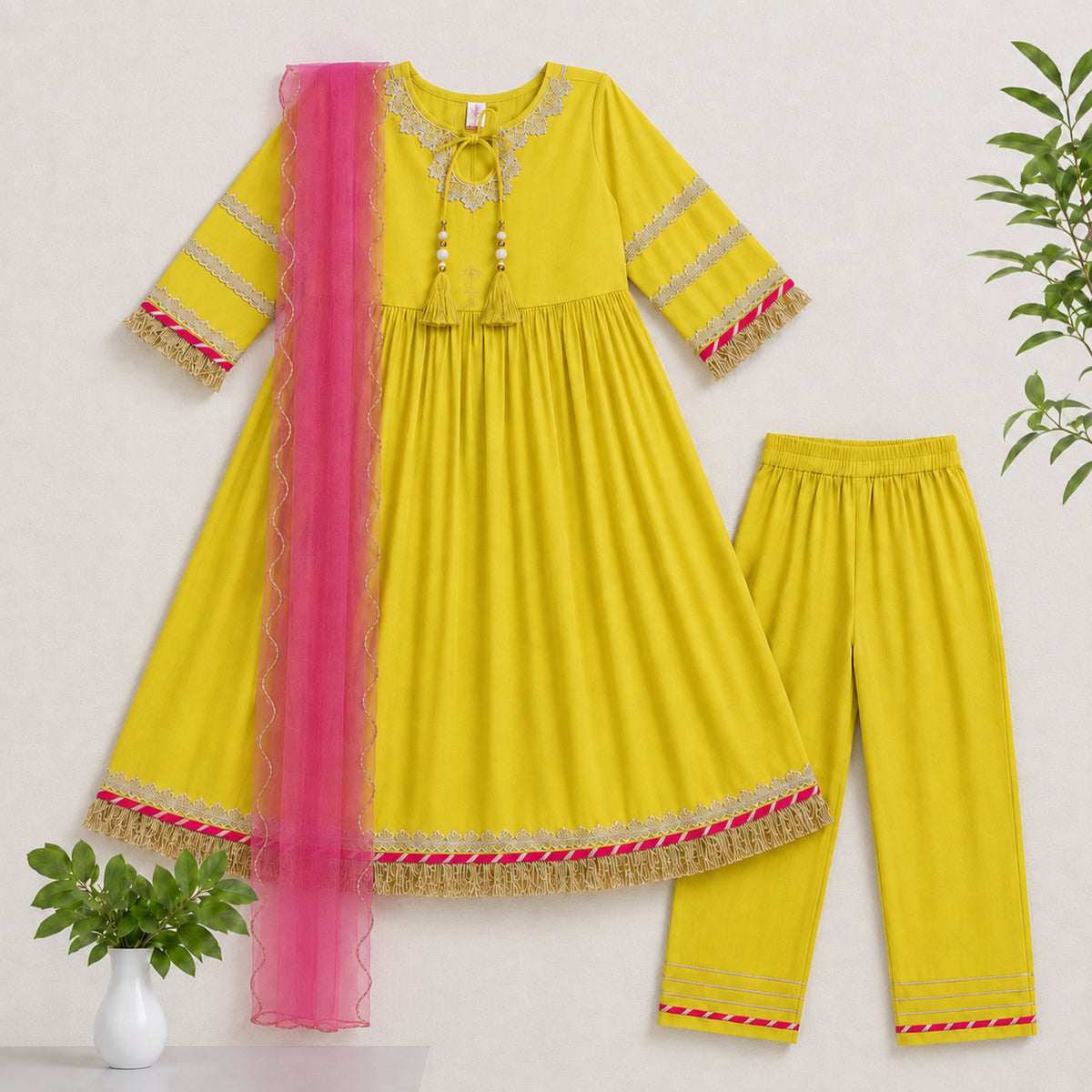 The Magic Wand Woven Three Fourth Sleeves Lace Embellished Anarkali Kurti And Pant Set With Dupatta - Yellow