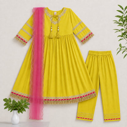 The Magic Wand Woven Three Fourth Sleeves Lace Embellished Anarkali Kurti And Pant Set With Dupatta - Yellow