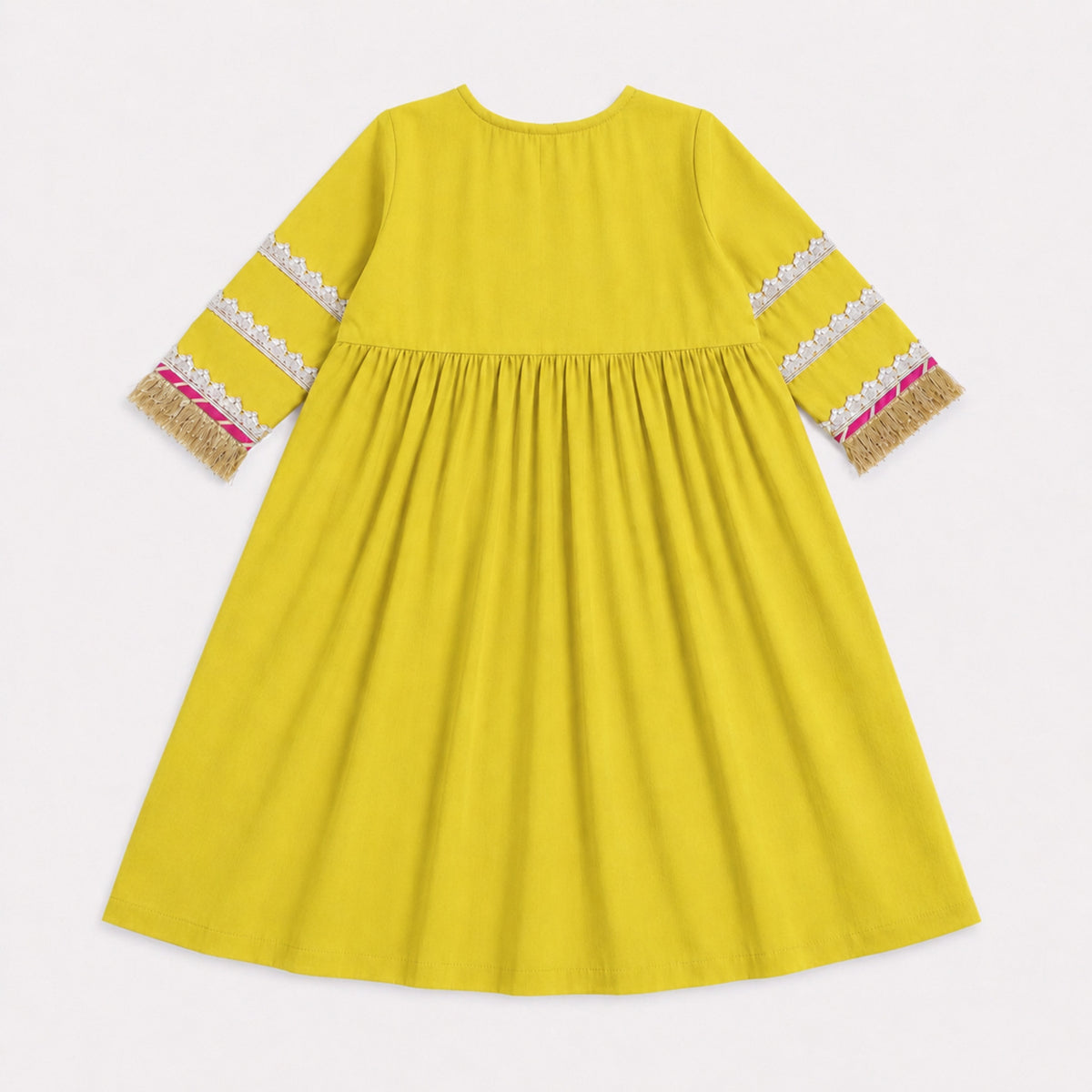 The Magic Wand Woven Three Fourth Sleeves Lace Embellished Anarkali Kurti And Pant Set With Dupatta - Yellow