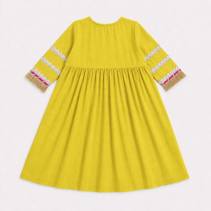The Magic Wand Woven Three Fourth Sleeves Lace Embellished Anarkali Kurti And Pant Set With Dupatta - Yellow