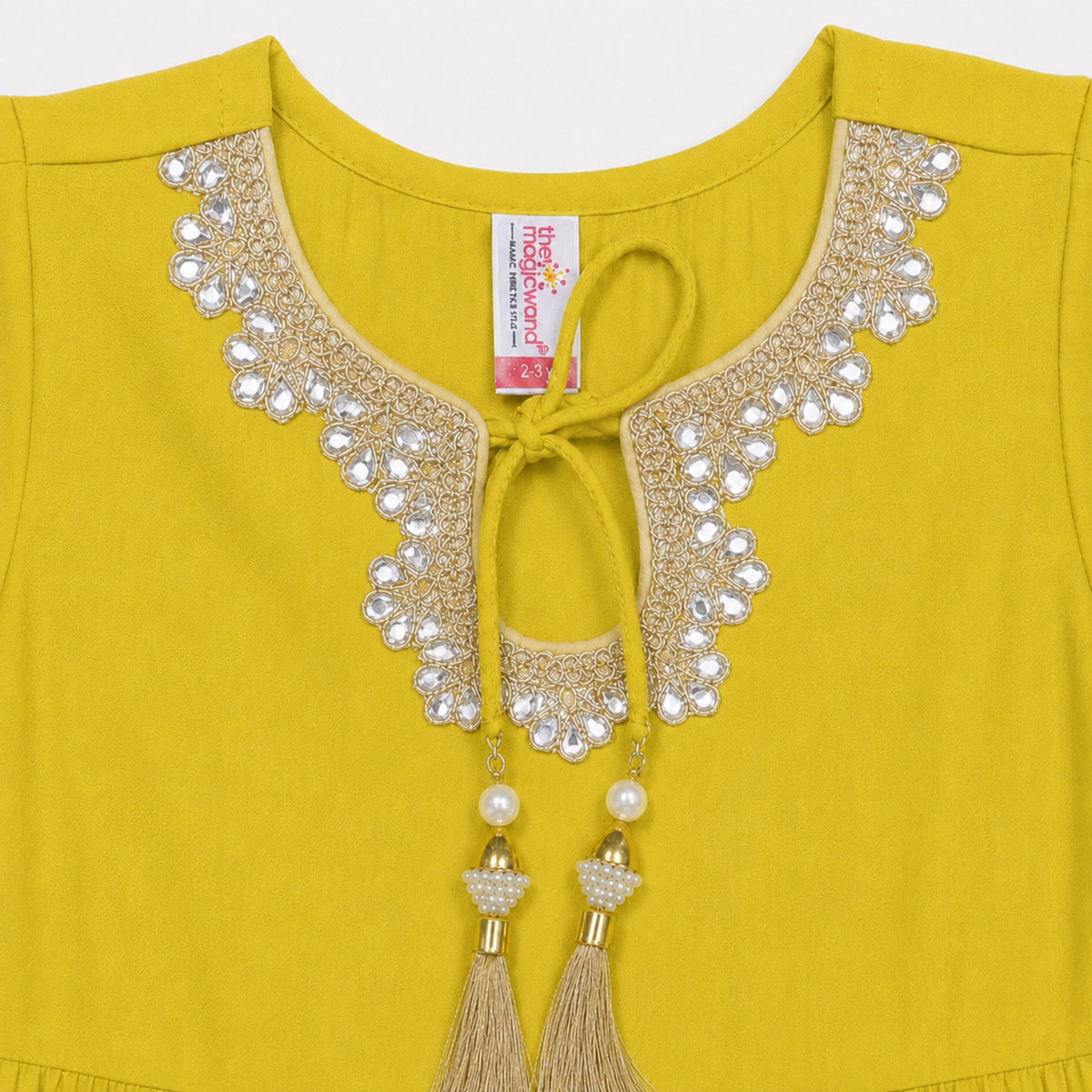 The Magic Wand Woven Three Fourth Sleeves Lace Embellished Anarkali Kurti And Pant Set With Dupatta - Yellow