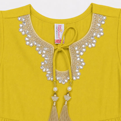 The Magic Wand Woven Three Fourth Sleeves Lace Embellished Anarkali Kurti And Pant Set With Dupatta - Yellow