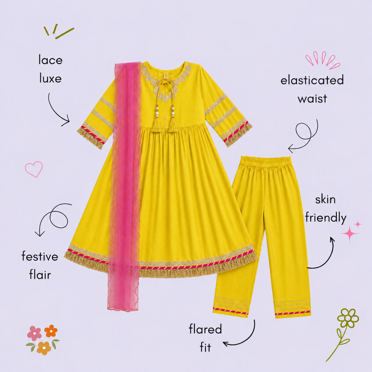 The Magic Wand Woven Three Fourth Sleeves Lace Embellished Anarkali Kurti And Pant Set With Dupatta - Yellow