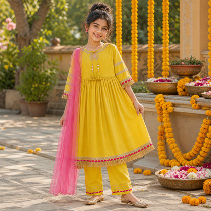 The Magic Wand Woven Three Fourth Sleeves Lace Embellished Anarkali Kurti And Pant Set With Dupatta - Yellow