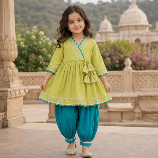 The Magic Wand Woven Three Fourth Sleeves Gota Lace Embellished Tassel Detailed Kurti & Afghani Pant Set - Green