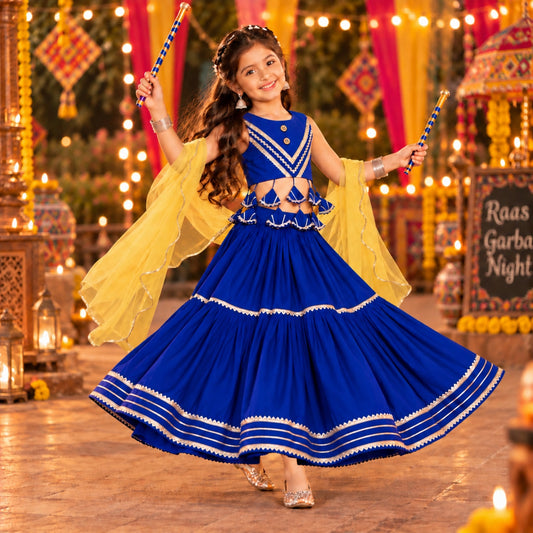 The Magic Wand Woven Sleeveless Lace Embellished Statement Tassel Detailed Choli And Lehenga Set With Dupatta - Royal Blue