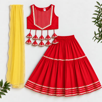 The Magic Wand Woven Sleeveless Lace Embellished Statement Tassel Detailed Choli And Lehenga Set With Dupatta - Red