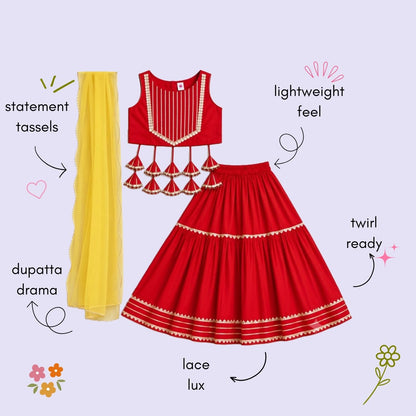 The Magic Wand Woven Sleeveless Lace Embellished Statement Tassel Detailed Choli And Lehenga Set With Dupatta - Red