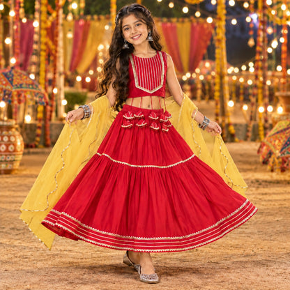 The Magic Wand Woven Sleeveless Lace Embellished Statement Tassel Detailed Choli And Lehenga Set With Dupatta - Red
