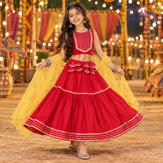 The Magic Wand Woven Sleeveless Lace Embellished Statement Tassel Detailed Choli And Lehenga Set With Dupatta - Red