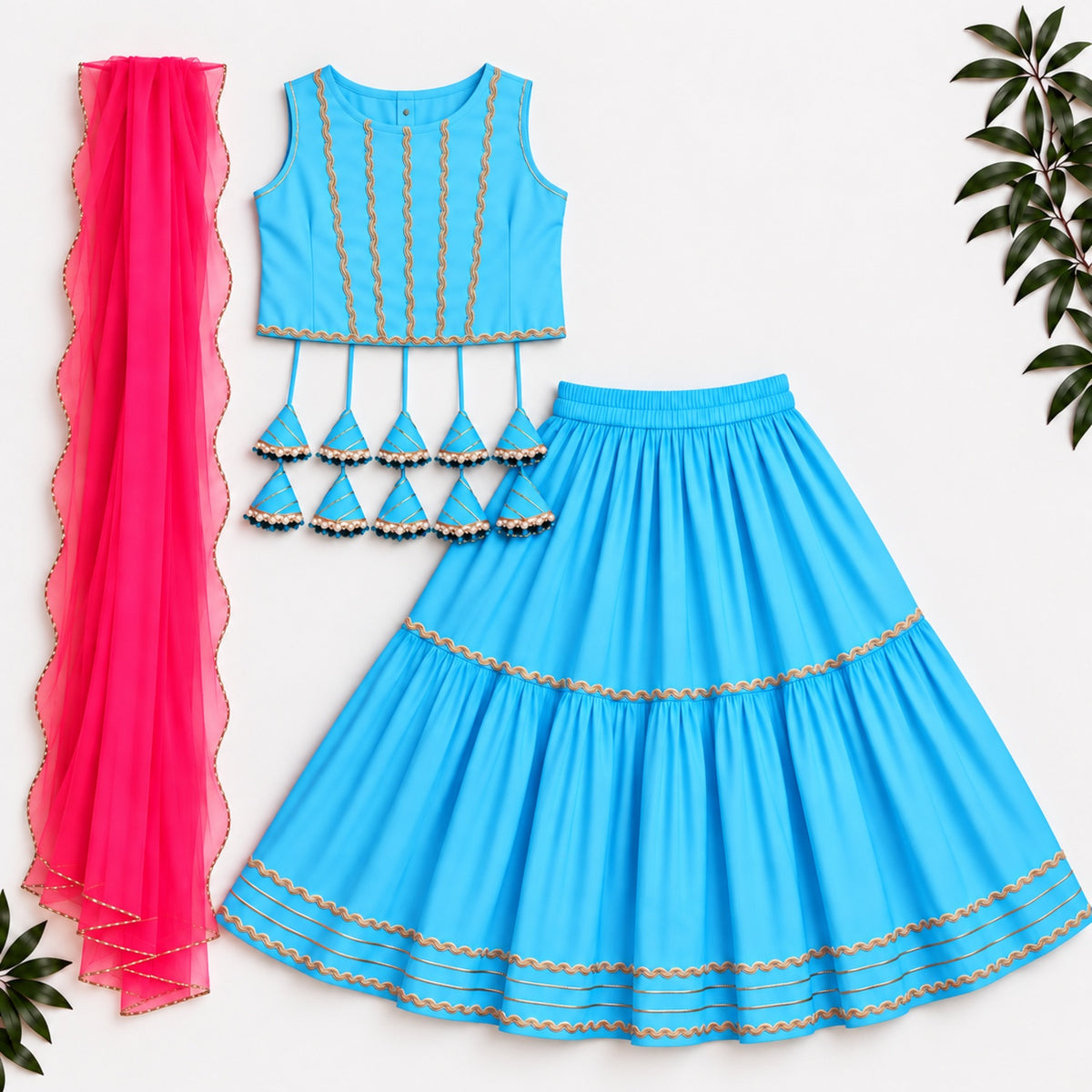 The Magic Wand Woven Sleeveless Lace Embellished Statement Tassel Detailed Choli And Lehenga Set With Dupatta - Sky Blue
