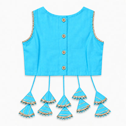 The Magic Wand Woven Sleeveless Lace Embellished Statement Tassel Detailed Choli And Lehenga Set With Dupatta - Sky Blue