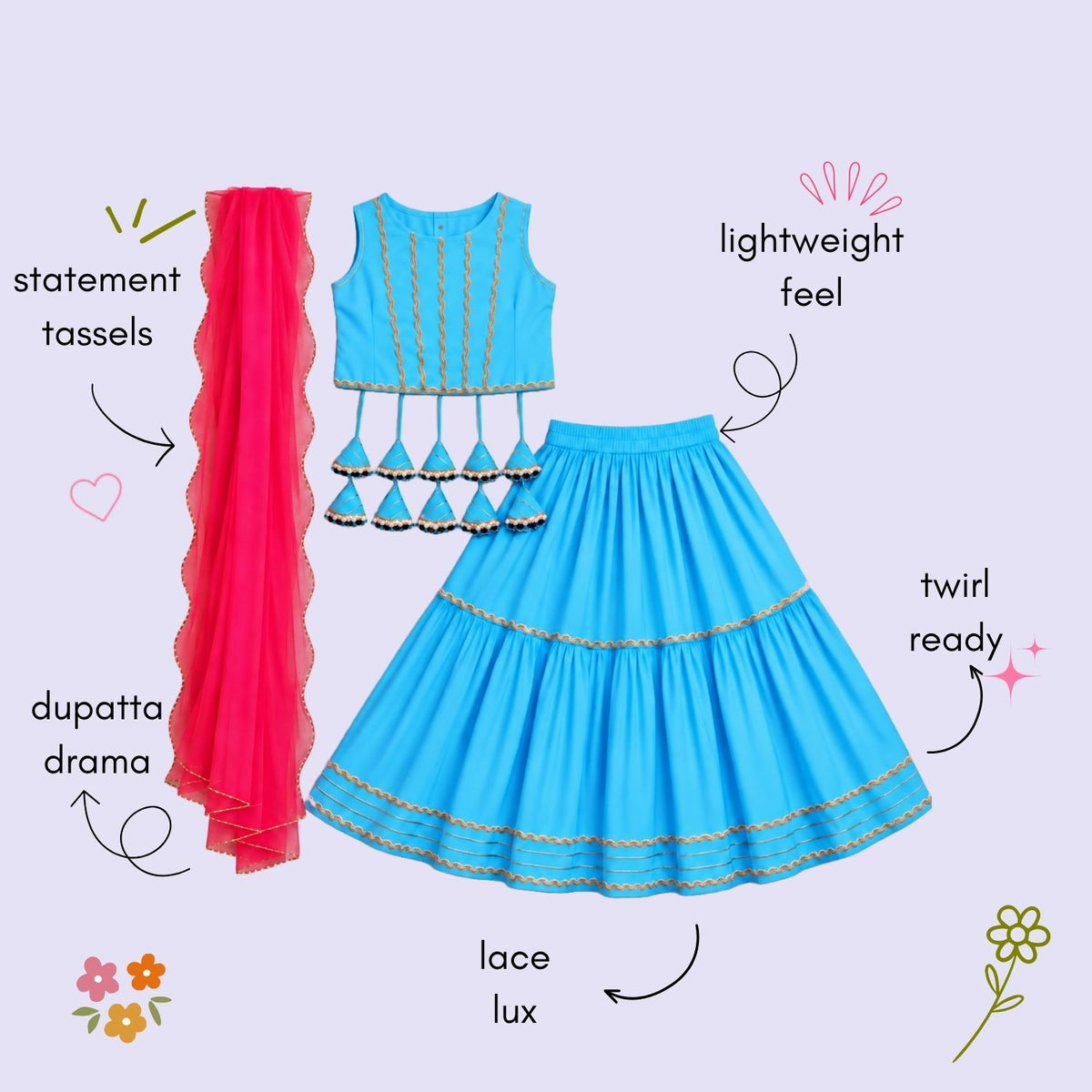 The Magic Wand Woven Sleeveless Lace Embellished Statement Tassel Detailed Choli And Lehenga Set With Dupatta - Sky Blue