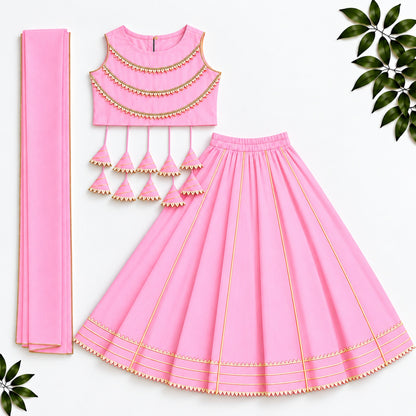 The Magic Wand Woven Sleeveless Lace Embellished Statement Tassel Detailed Choli And Lehenga Set With Dupatta - Light Pink