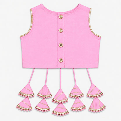 The Magic Wand Woven Sleeveless Lace Embellished Statement Tassel Detailed Choli And Lehenga Set With Dupatta - Light Pink