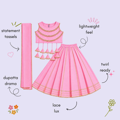 The Magic Wand Woven Sleeveless Lace Embellished Statement Tassel Detailed Choli And Lehenga Set With Dupatta - Light Pink