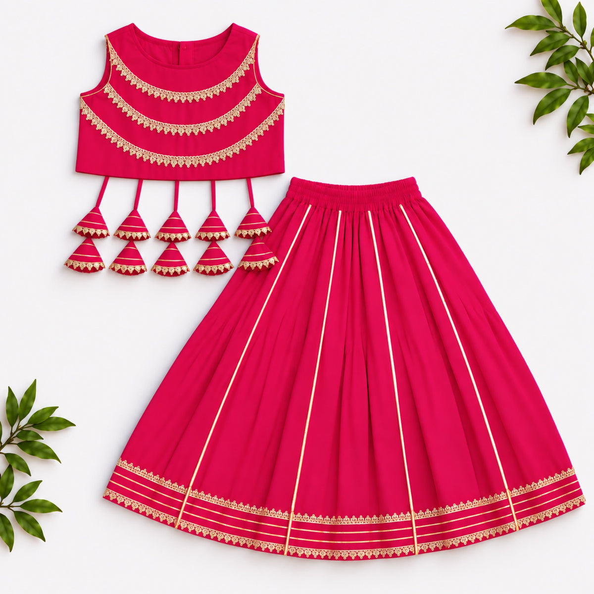 The Magic Wand Woven Sleeveless Lace Embellished Statement Tassel Detailed Choli And Lehenga Set - Fuchsia