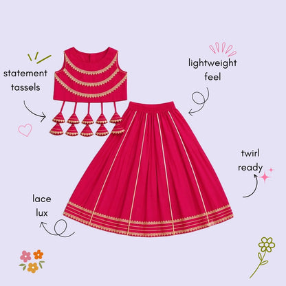 The Magic Wand Woven Sleeveless Lace Embellished Statement Tassel Detailed Choli And Lehenga Set - Fuchsia