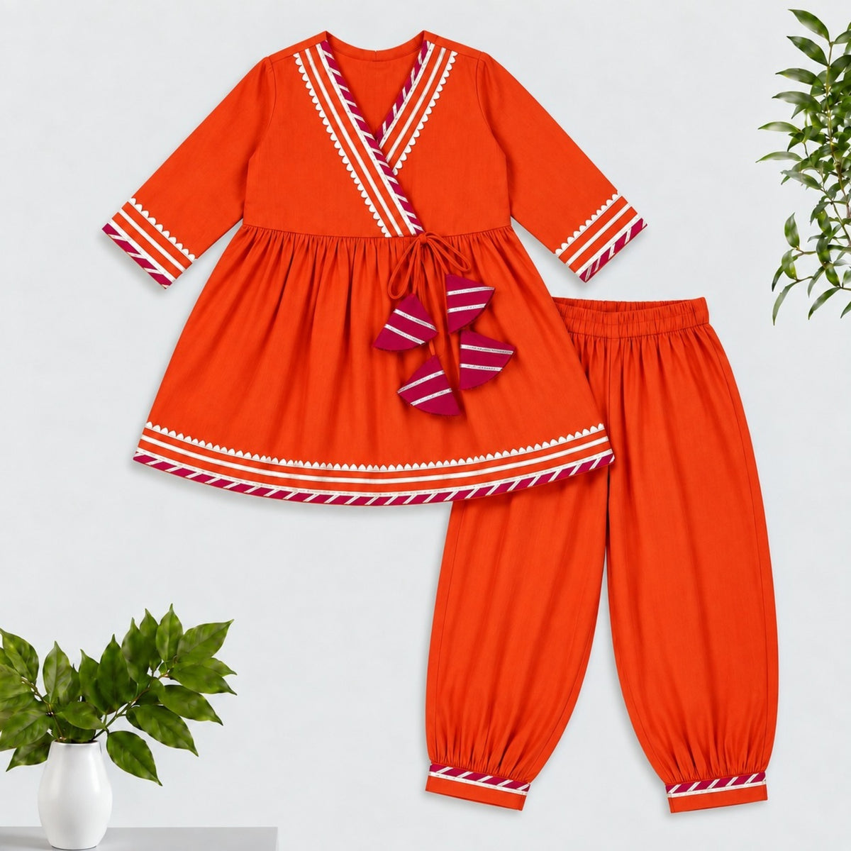 The Magic Wand Woven Three Fourth Sleeves Gota Lace Embellished Tassel Detailed Kurti And Afghani Pant Set - Orange