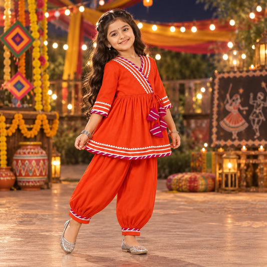 The Magic Wand Woven Three Fourth Sleeves Gota Lace Embellished Tassel Detailed Kurti And Afghani Pant Set - Orange