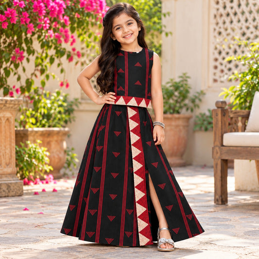 The Magic Wand 100% Cotton Cambric Woven Abstract Printed Top And Front Slit Skirt - Black