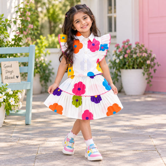 The Magic Wand 100% Cotton Woven Ruffle Sleeves Bold Floral Printed Shirt And Skirt Set - White