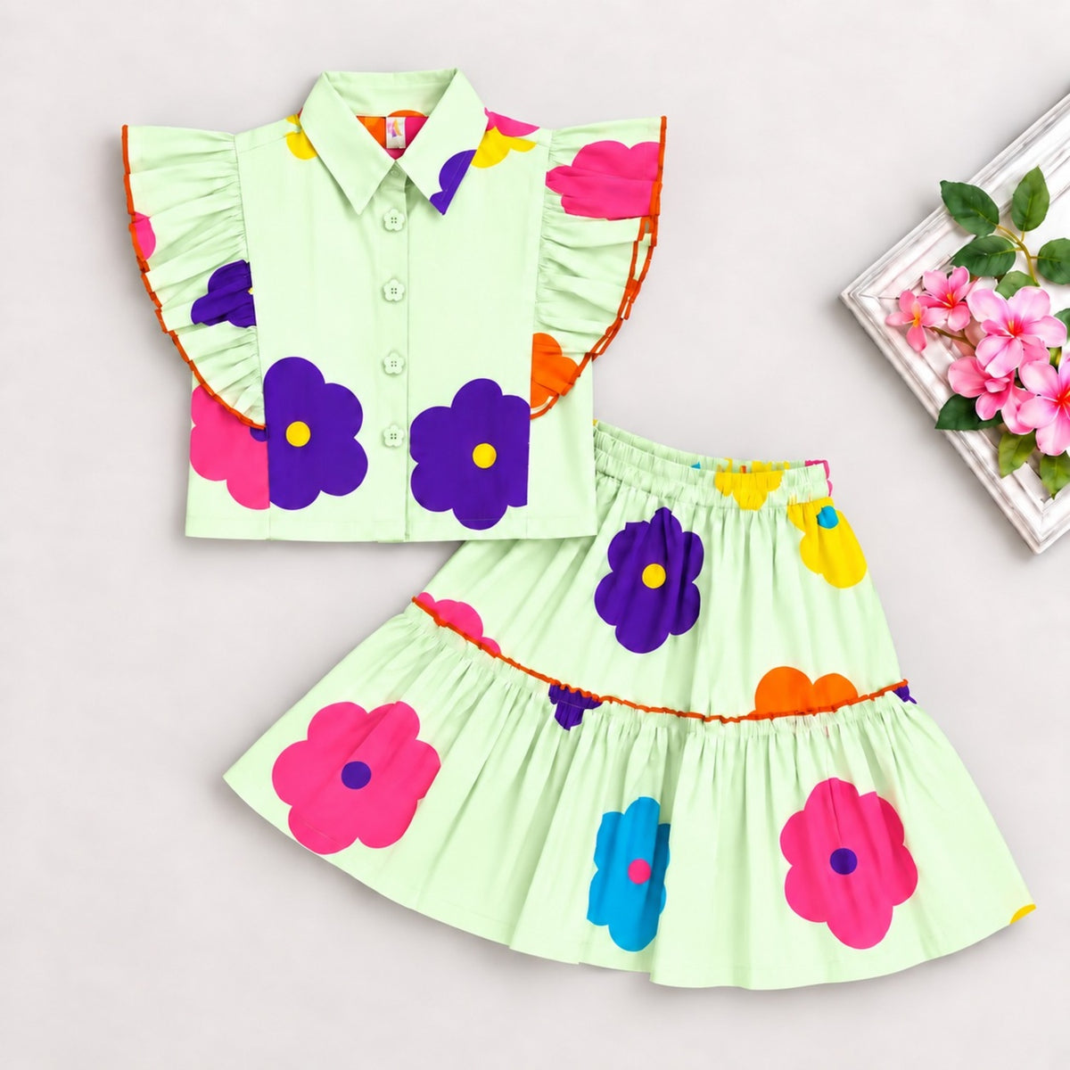 The Magic Wand 100% Cotton Woven Ruffle Sleeves Bold Floral Printed Shirt And Skirt Set - Mint Green