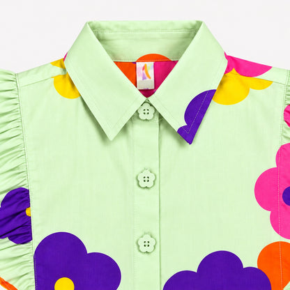 The Magic Wand 100% Cotton Woven Ruffle Sleeves Bold Floral Printed Shirt And Skirt Set - Mint Green