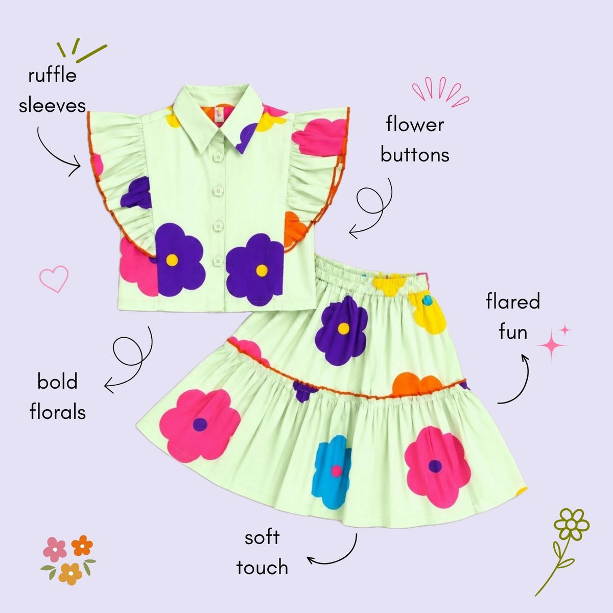 The Magic Wand 100% Cotton Woven Ruffle Sleeves Bold Floral Printed Shirt And Skirt Set - Mint Green