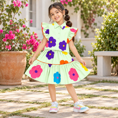 The Magic Wand 100% Cotton Woven Ruffle Sleeves Bold Floral Printed Shirt And Skirt Set - Mint Green