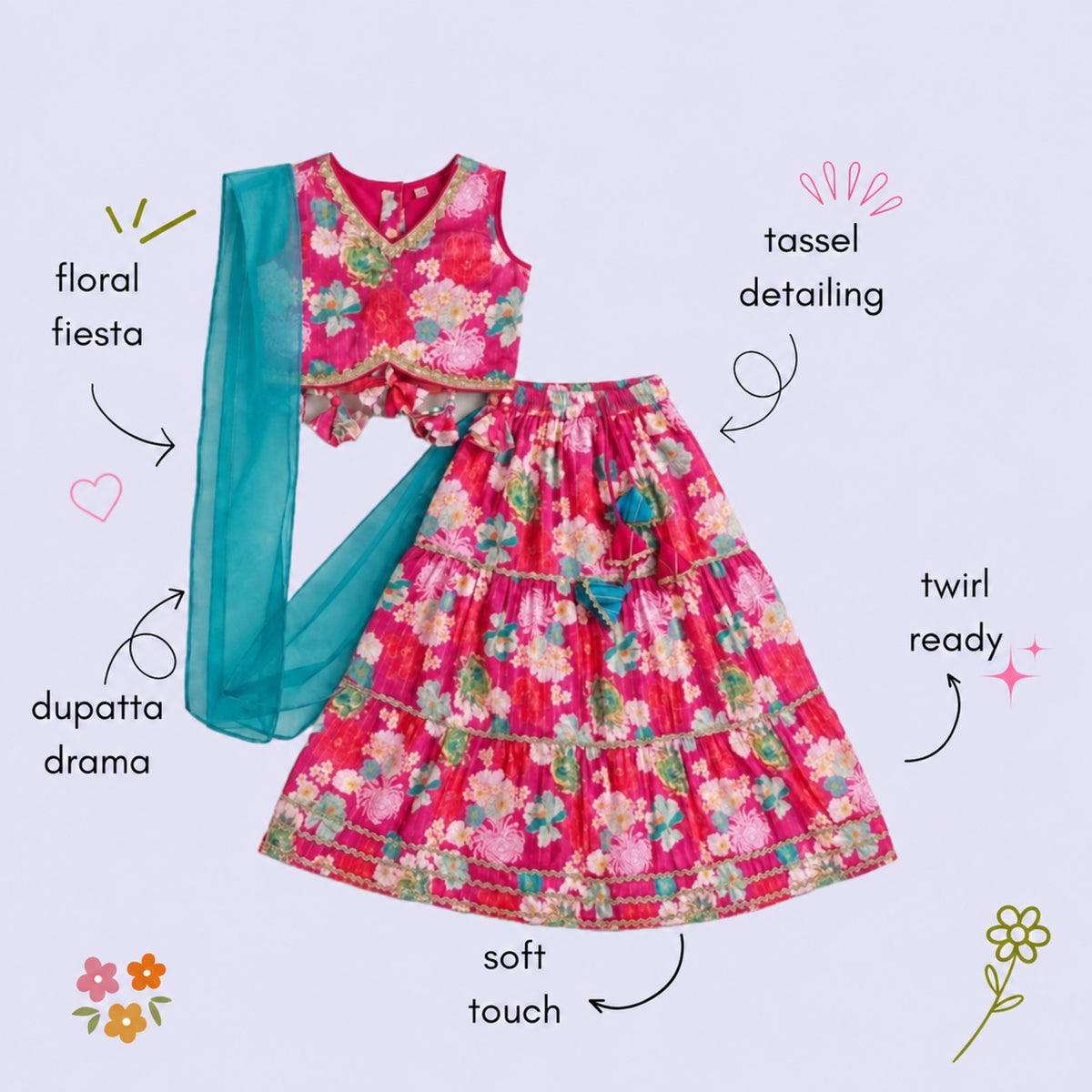 The Magic Wand Woven Sleeveless Lace And Sequin Embellished Tassel Detailed Choli And Lehenga Set With Dupatta - Fuchsia