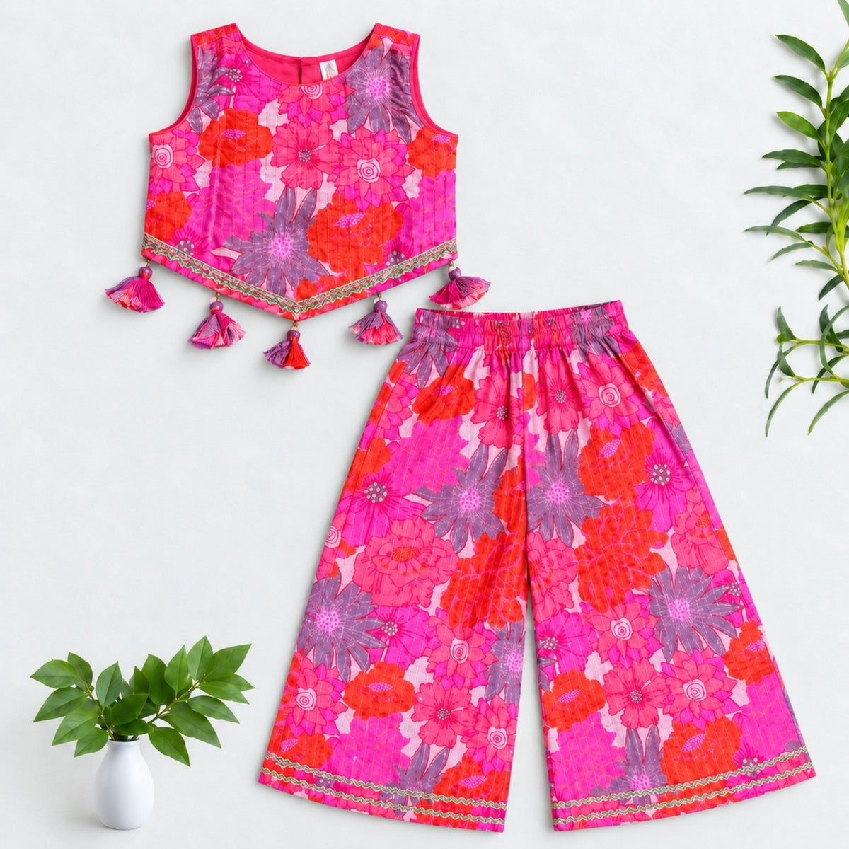 The Magic Wand Woven Sleeveless Ethnic Motif Printed And Sequin Embellished Tassel Detail Top And Palazzo Set - Pink