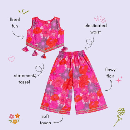 The Magic Wand Woven Sleeveless Ethnic Motif Printed And Sequin Embellished Tassel Detail Top And Palazzo Set - Pink