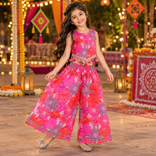 The Magic Wand Woven Sleeveless Ethnic Motif Printed And Sequin Embellished Tassel Detail Top And Palazzo Set - Pink