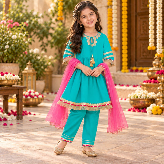 The Magic Wand Woven Three Fourth Sleeves Lace Embellished Anarkali Kurti And Pant Set With Dupatta - Sea Green