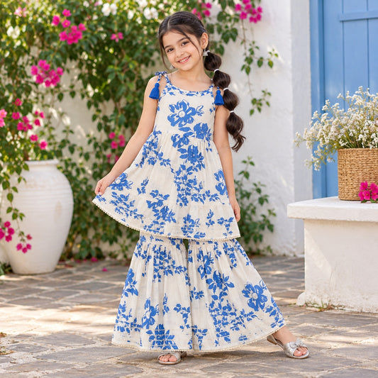 The Magic Wand 100% Cotton Woven Strappy Floral Printed Kurti And Sharara Set - White