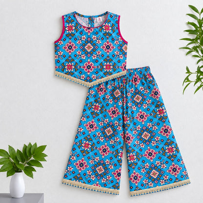 The Magic Wand Woven Sleeveless Ethnic Motif Printed Lace Detail Top And Palazzo Set -  Blue